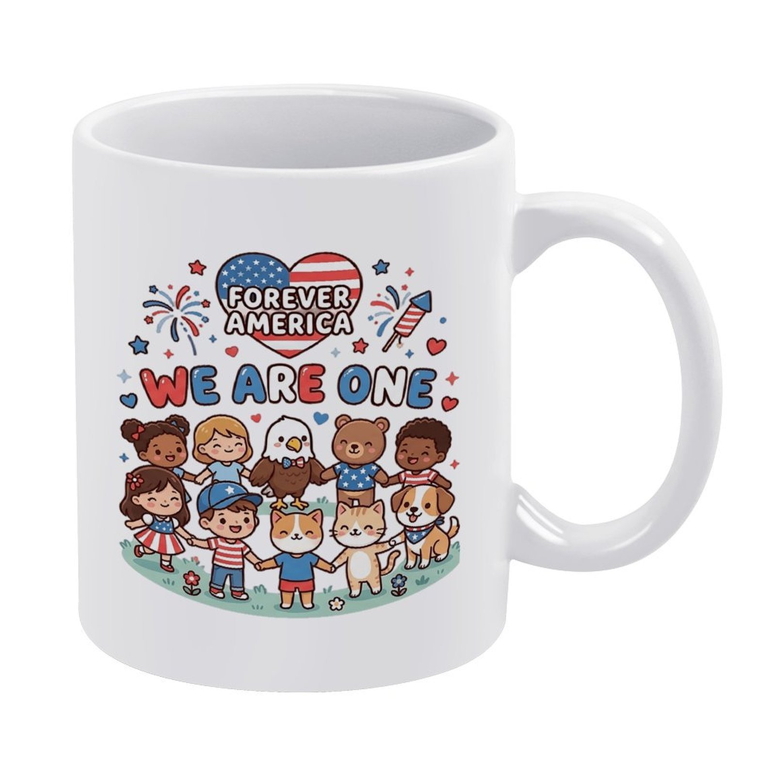 White ceramic coffee mug with cute cartoon diverse kids, bald eagle, bear, cat, dog, US heart flag and Forever America We Are One patriotic print, classic 11oz daily drinking cup