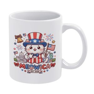 .11oz glossy white ceramic coffee mug with cute Uncle Sam costume cat, US flag, liberty bell, landmark building & Meowica EST.2026 patriotic cartoon print, cat lover Fourth of July drinking cup