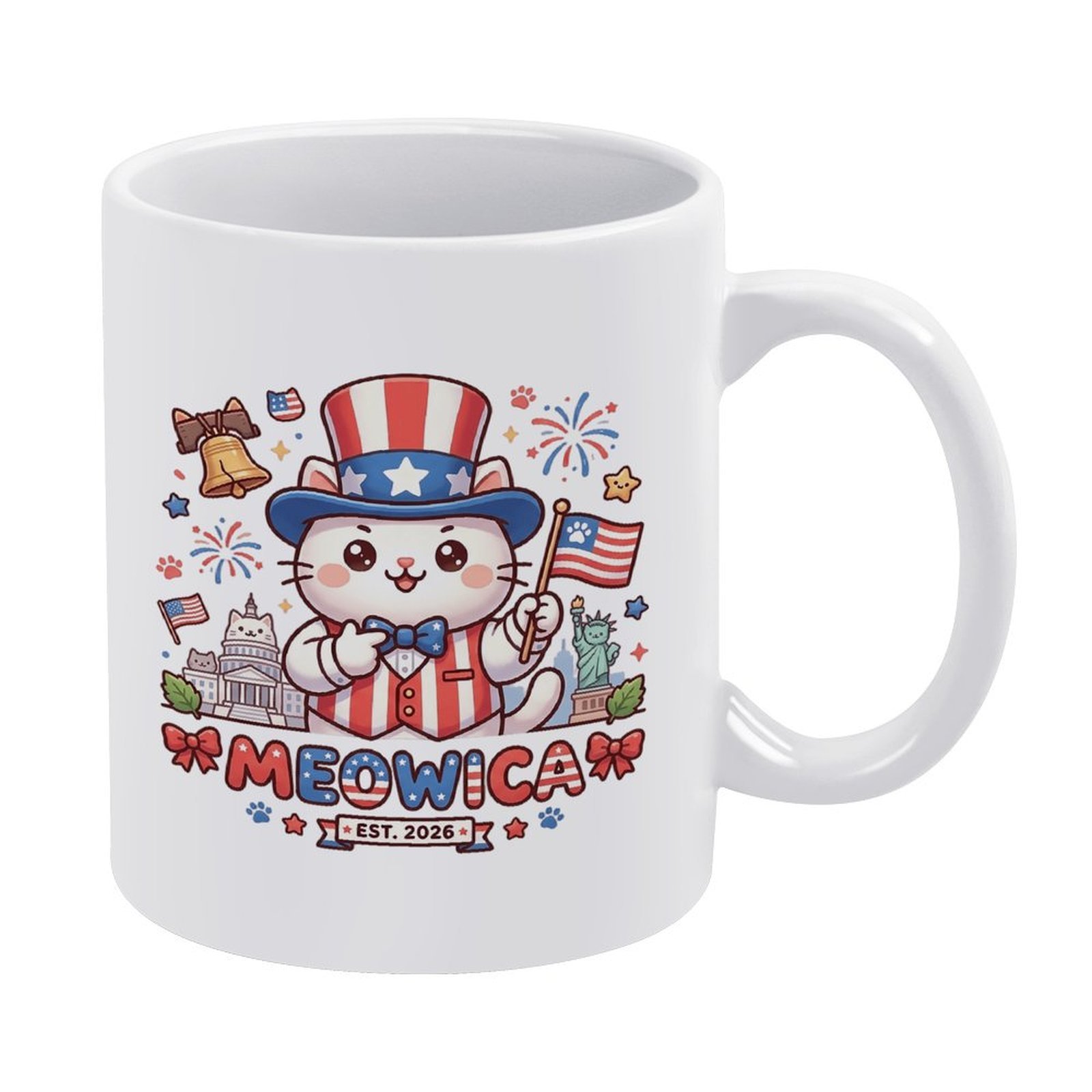.11oz glossy white ceramic coffee mug with cute Uncle Sam costume cat, US flag, liberty bell, landmark building & Meowica EST.2026 patriotic cartoon print, cat lover Fourth of July drinking cup