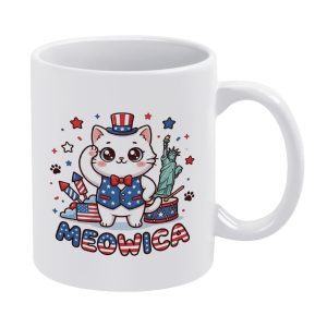 white ceramic coffee mug with saluting Uncle Sam cat, Statue of Liberty, US flag and Meowica patriotic cartoon print, cat lover Fourth of July home drinking mug