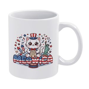 white ceramic coffee mug with cute Uncle Sam cat holding declaration paper, Statue of Liberty & Meowica patriotic cartoon print, cat lover Independence Day kitchen drinking mug