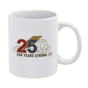 White ceramic coffee mug with vintage quill pen 250 Years Strong EST 1776 declaration script print, USA 250th Anniversary patriotic souvenir drink cup