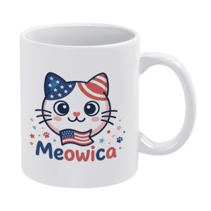 glossy white ceramic coffee mug with flag-pattern cat ear cute kitty, mini US flag and Meowica patriotic cartoon print, cat parent Fourth of July drinking mug