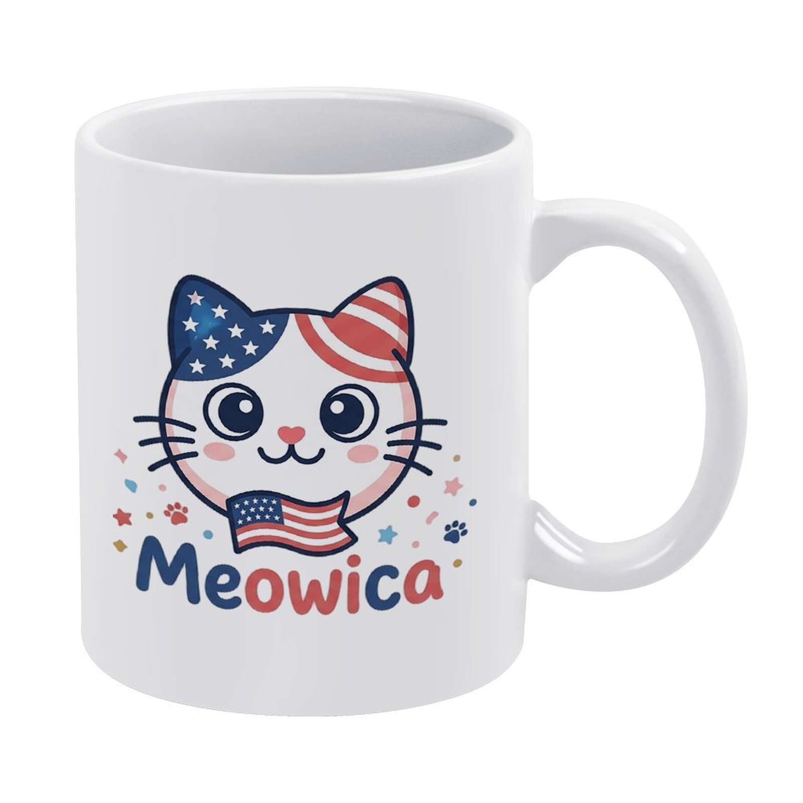 glossy white ceramic coffee mug with flag-pattern cat ear cute kitty, mini US flag and Meowica patriotic cartoon print, cat parent Fourth of July drinking mug