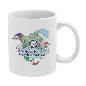 White ceramic mug featuring a “Goal for North America” design with a cartoon soccer ball, North America map, and USA, Canada, Mexico flags