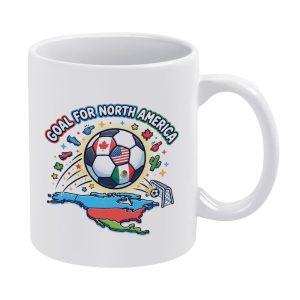 Plain white classic ceramic mug printed with colorful North America World Cup soccer host-country graphic