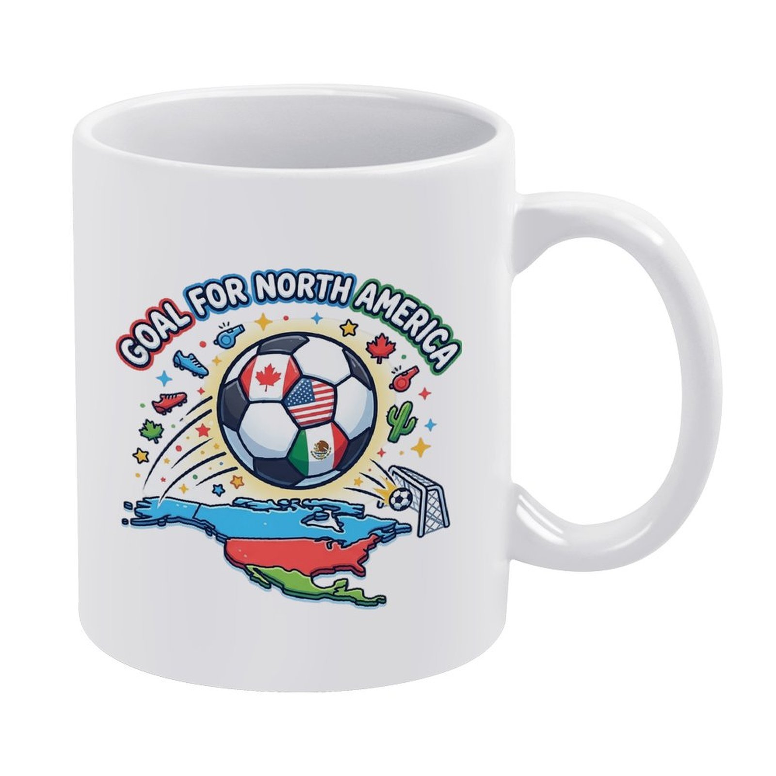Plain white classic ceramic mug printed with colorful North America World Cup soccer host-country graphic