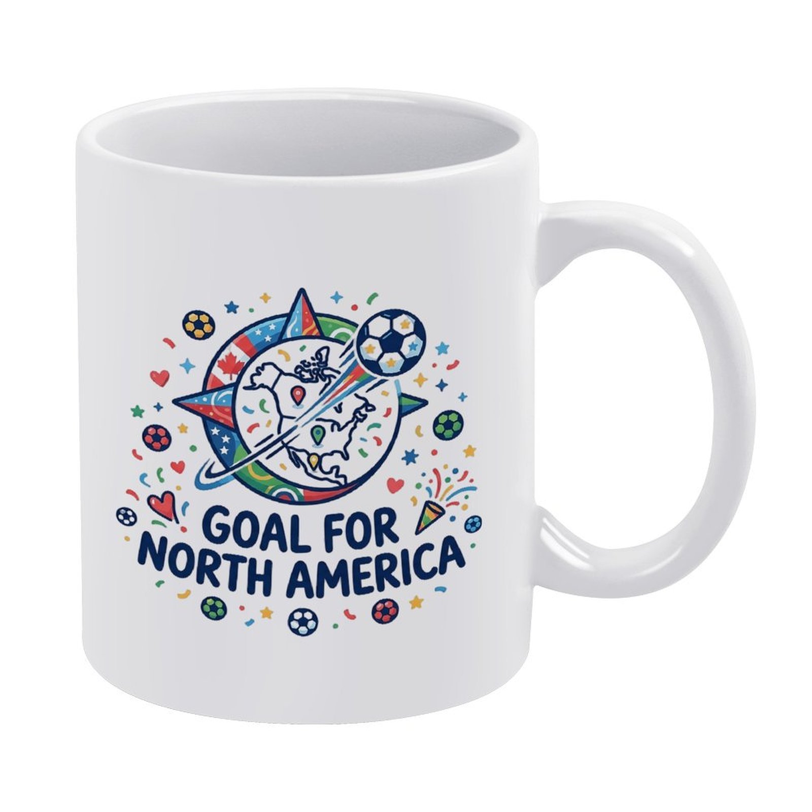 White ceramic mug featuring a vibrant “Goal for North America” design with a starburst North America map, soccer balls, and confetti accents