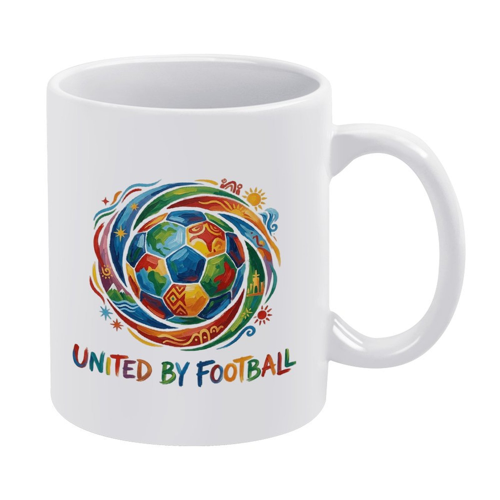 White ceramic mug featuring a vibrant “United By Football” design with a multicolor soccer ball, cultural motifs, and rainbow-style lettering