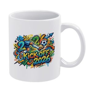 White ceramic mug featuring a bold “Kick Off 2026” graffiti design with a soccer player, ball, stars, and colorful splashes