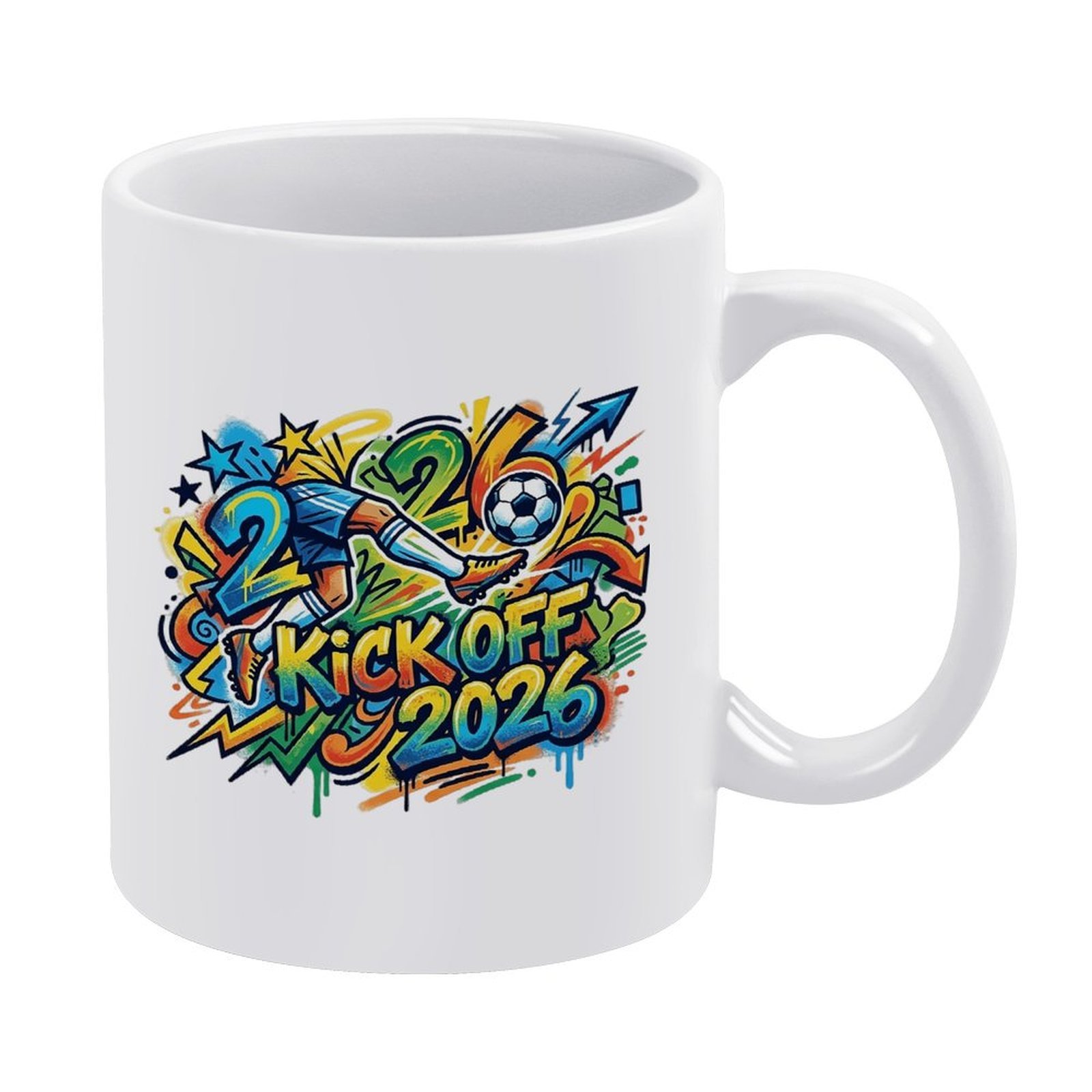 White ceramic mug featuring a bold “Kick Off 2026” graffiti design with a soccer player, ball, stars, and colorful splashes