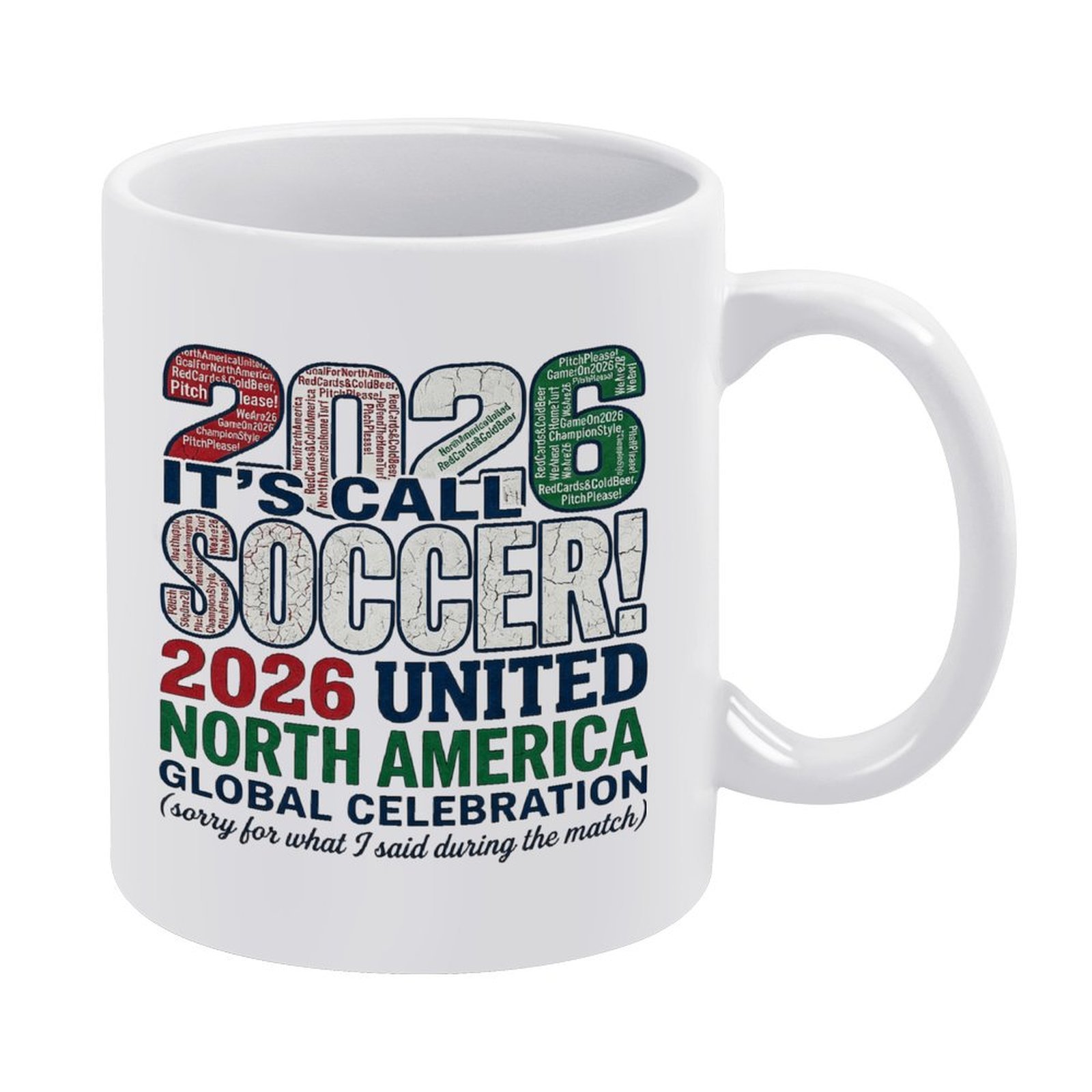 White ceramic mug with a distressed “It's Called Soccer! 2026 North America United” word cloud print, featuring “2026” numbers filled with soccer fan phrases and the humorous tagline “sorry for what I said during the match.”