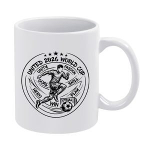 White ceramic mug with a black sketch-style circular print featuring “UNITED 2026 WORLD CUP” text, a soccer player illustration, and keywords like “unity, passion, goal, win” around the design.