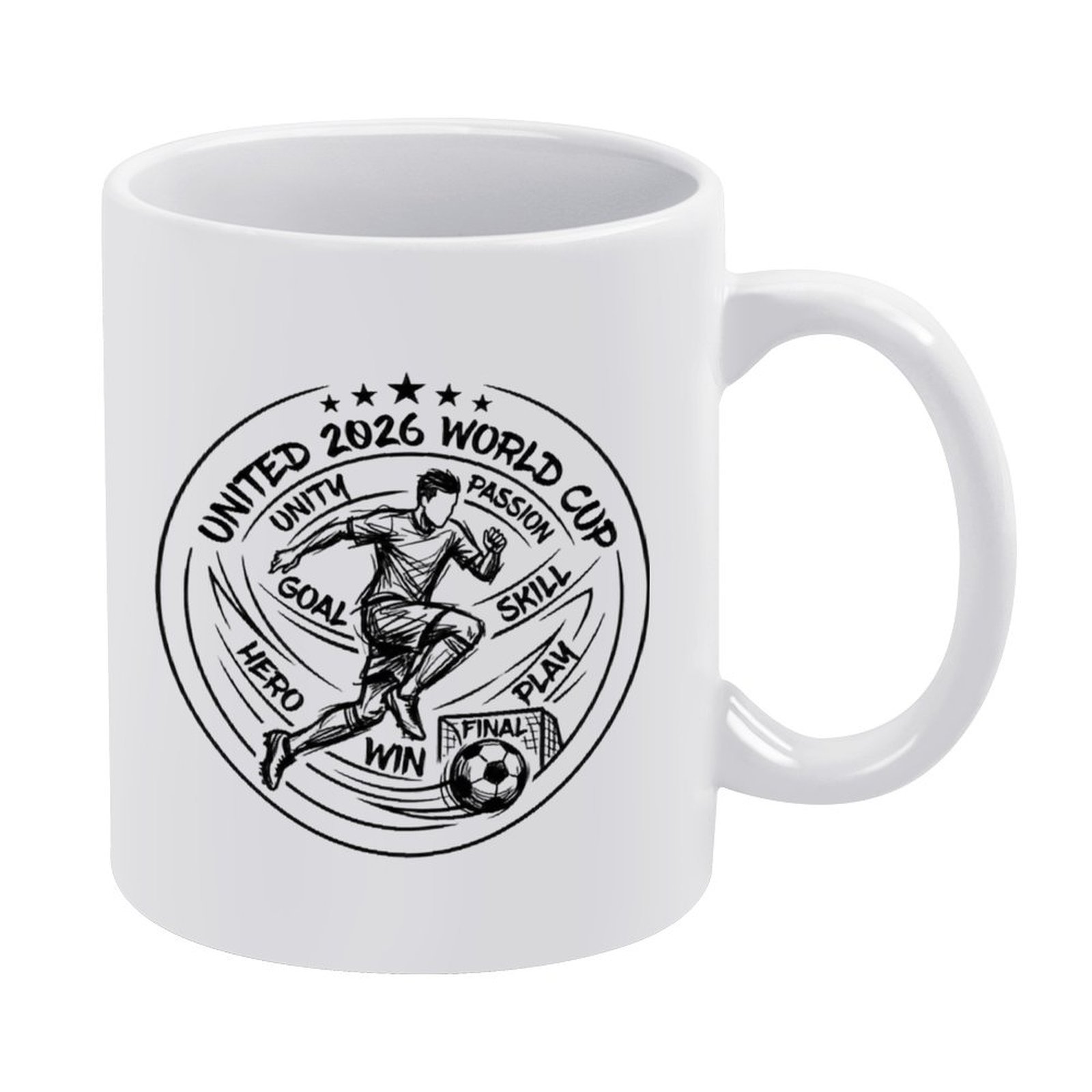 White ceramic mug with a black sketch-style circular print featuring “UNITED 2026 WORLD CUP” text, a soccer player illustration, and keywords like “unity, passion, goal, win” around the design.