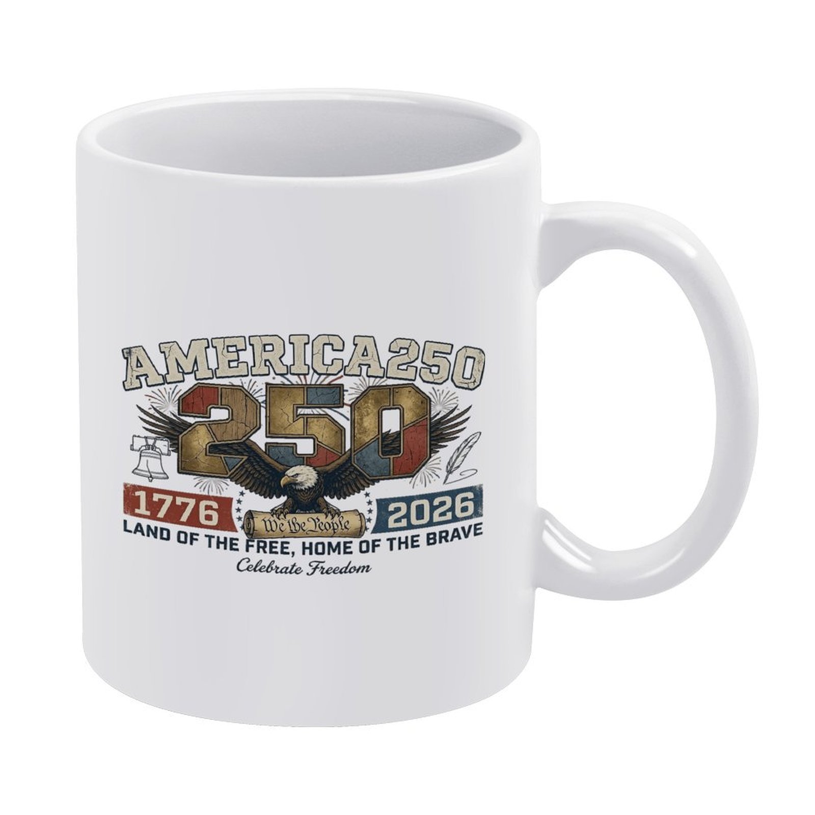 White 11oz ceramic coffee mug with vintage America 250 bald eagle liberty bell 1776-2026 distressed print, USA 250th Anniversary patriotic freedom drink cup