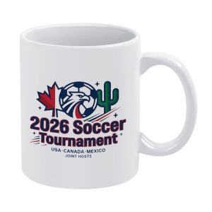 White ceramic mug with the “2026 Soccer Tournament” logo, featuring host country symbols (Canada maple leaf, USA eagle & soccer ball, Mexico cactus) and the text “USA · CANADA · MEXICO JOINT HOSTS.”