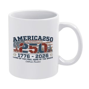 White ceramic coffee mug with vintage America 250 1776-2026 US flag city skyline eagle print, USA 250th Anniversary patriotic drinkware