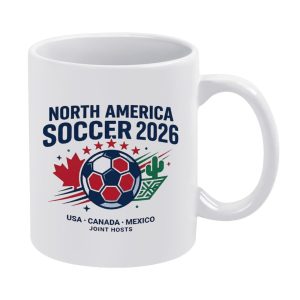 White 11oz ceramic mug with a clean "North America Soccer 2026" print, featuring a soccer ball, maple leaf, cactus, and host nation details (USA, Canada, Mexico).