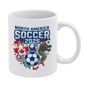 White 11oz ceramic mug with a bold "North America Soccer 2026" print, featuring host nation symbols: Canada’s maple leaf, USA’s eagle, Mexico’s dragon, and a central soccer ball.