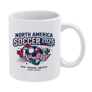 White 11oz ceramic mug with a sporty "North America Soccer 2026" print, featuring a soccer ball with USA/Canada/Mexico flag details, host nation symbols (maple leaf, cactus), and the text "USA · CANADA · MEXICO JOINT HOSTS".