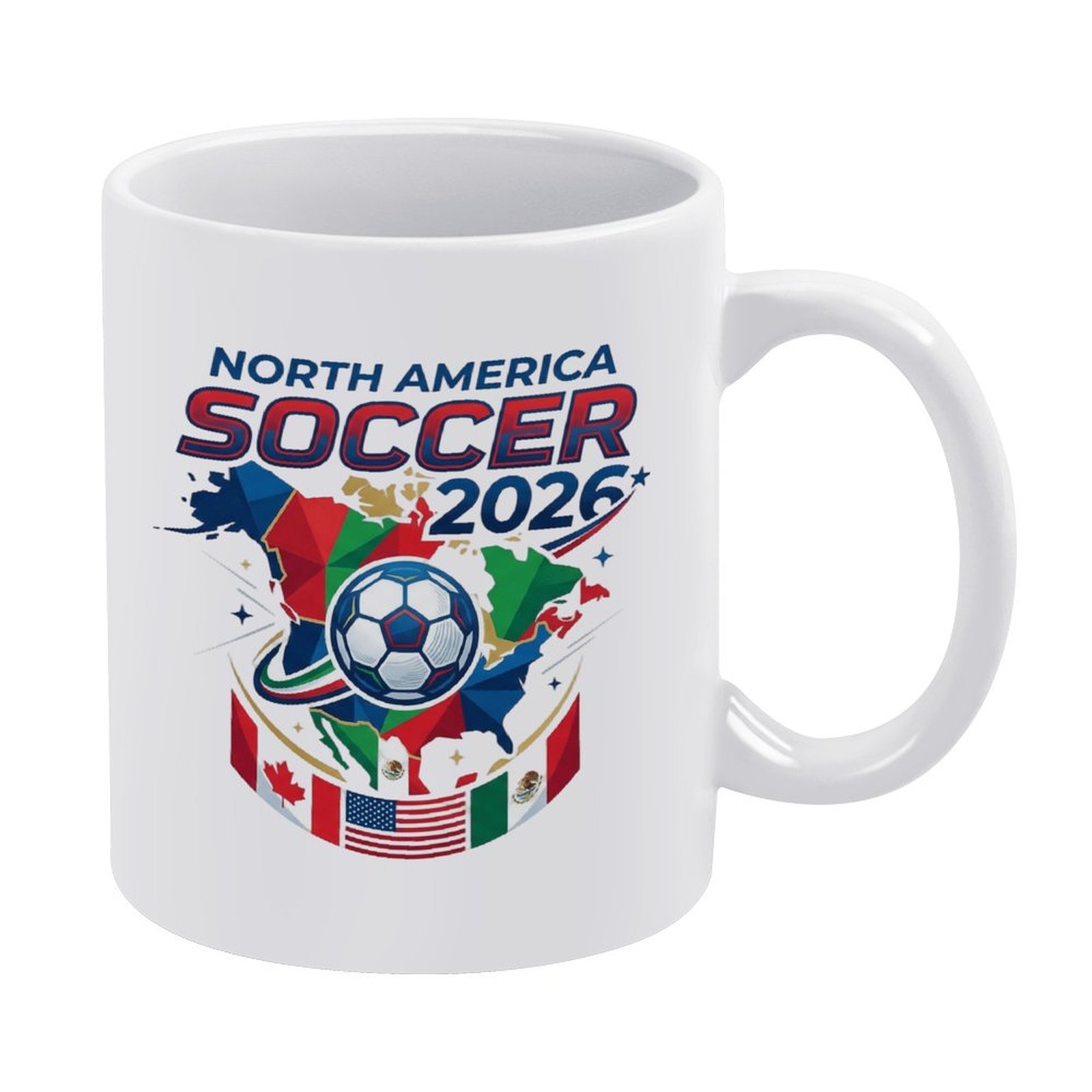 White 11oz ceramic mug with a geometric "North America Soccer 2026" print, featuring a low-poly map of the host nations, a central soccer ball, and the flags of USA, Canada, and Mexico.