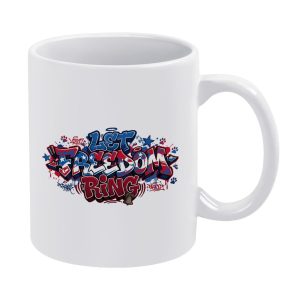 White 11oz ceramic mug with a vibrant red, white, and blue graffiti-style print reading "LET FREEDOM RING" in 3D lettering.