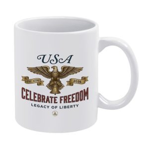 White ceramic coffee mug with vintage spread bald eagle liberty bell EST 1776-2026 banner Celebrate Freedom print, USA 250th Anniversary patriotic liberty themed drink cup