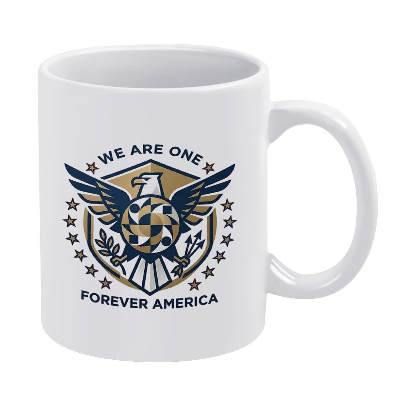 White 11oz ceramic mug with a premium "WE ARE ONE FOREVER AMERICA" print featuring a geometric American eagle emblem in navy and gold tones.