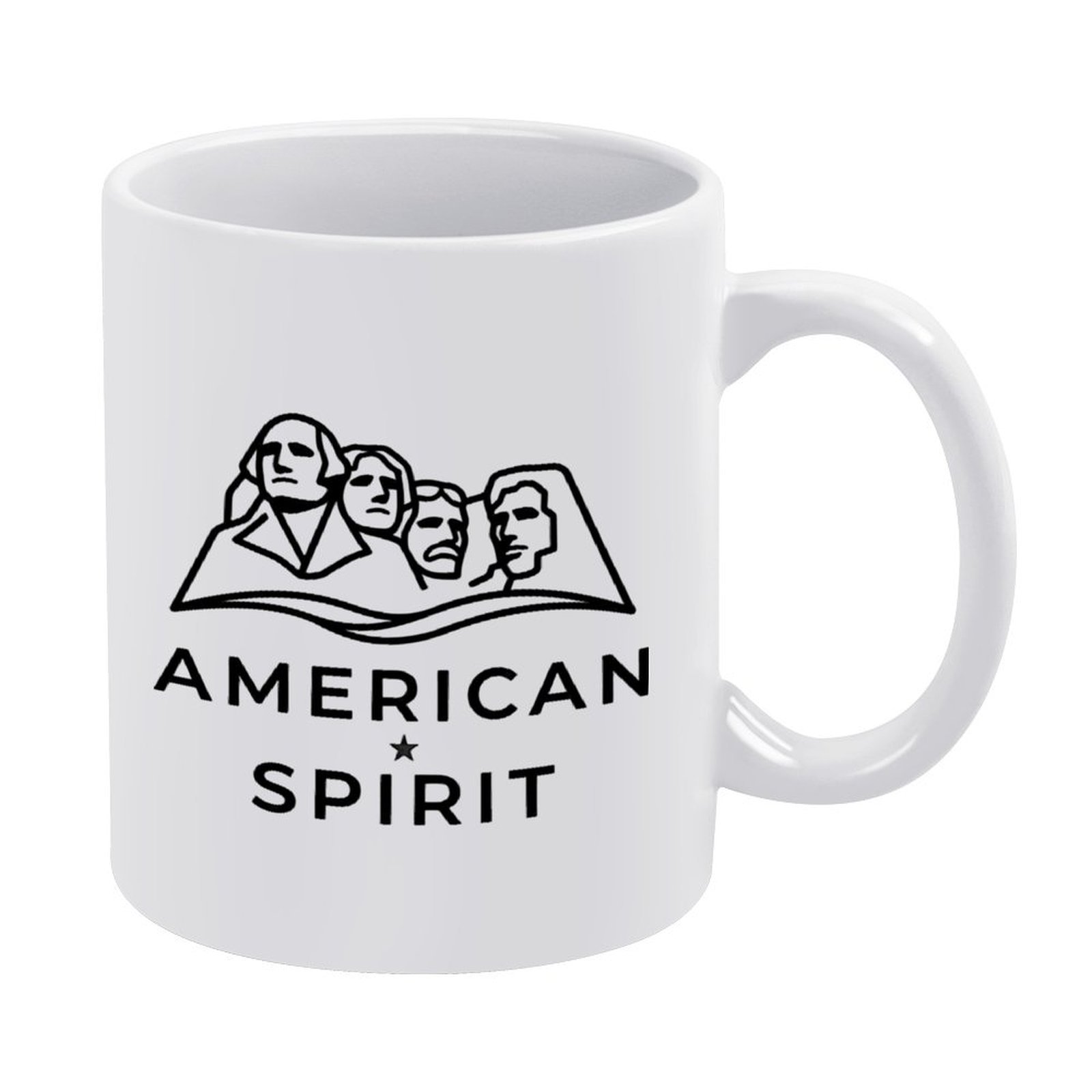 White 11oz ceramic mug with a minimalist black line art print of Mount Rushmore and the text "AMERICAN SPIRIT".
