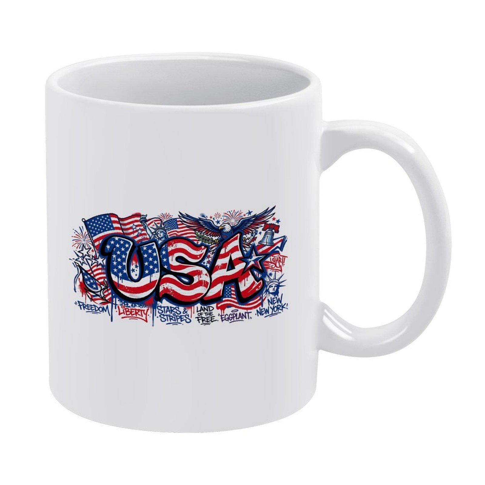 White 11oz ceramic mug with a vibrant graffiti-style "USA" print featuring American flags, an eagle, the Statue of Liberty, and patriotic phrases.
