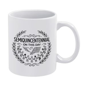 White 11oz ceramic mug with a minimalist black line-art print celebrating the USA’s 250th anniversary, featuring "SEMIQUINCENTENNIAL ON THIS DAY", an eagle with the American flag, diverse figures holding hands, and laurel wreaths.
