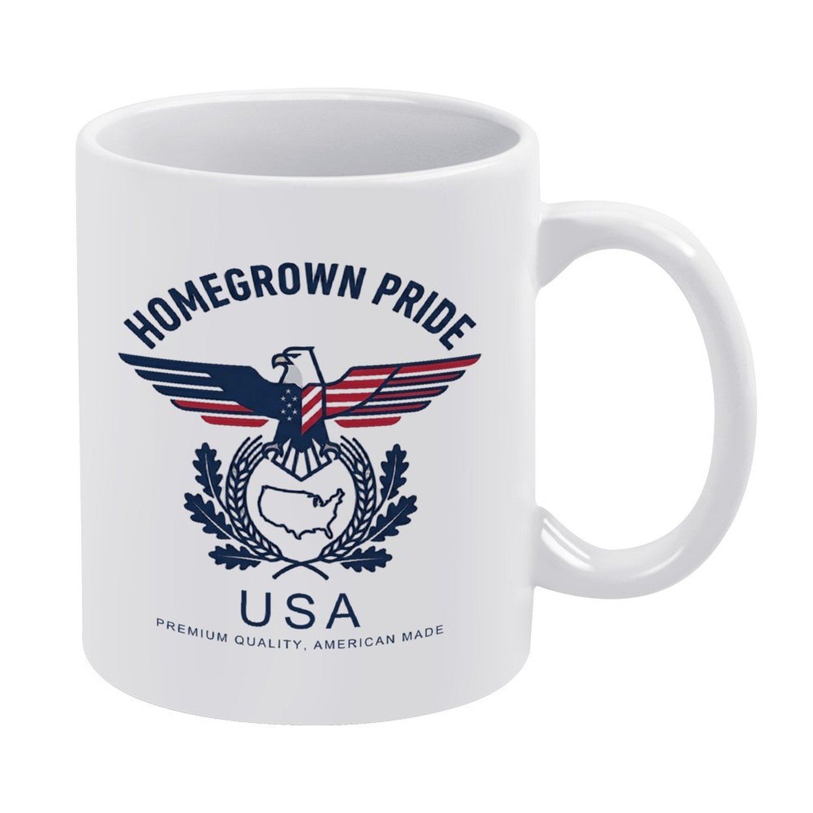 White 11oz ceramic mug with a patriotic "HOMEGROWN PRIDE" print, featuring a stylized American flag eagle, USA map, and laurel wreaths, with "PREMIUM QUALITY, AMERICAN MADE" text.