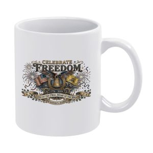 White 11oz ceramic coffee mug with vintage ornate Celebrate Freedom bald eagle liberty bell US flag fireworks banner print, USA 250th 1776-2026 patriotic historical drink cup