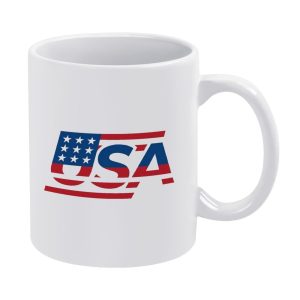 White 11oz ceramic mug with a modern "USA" graphic print styled with the American flag, featuring stars in the "U" and stripes in the "S" and "A".