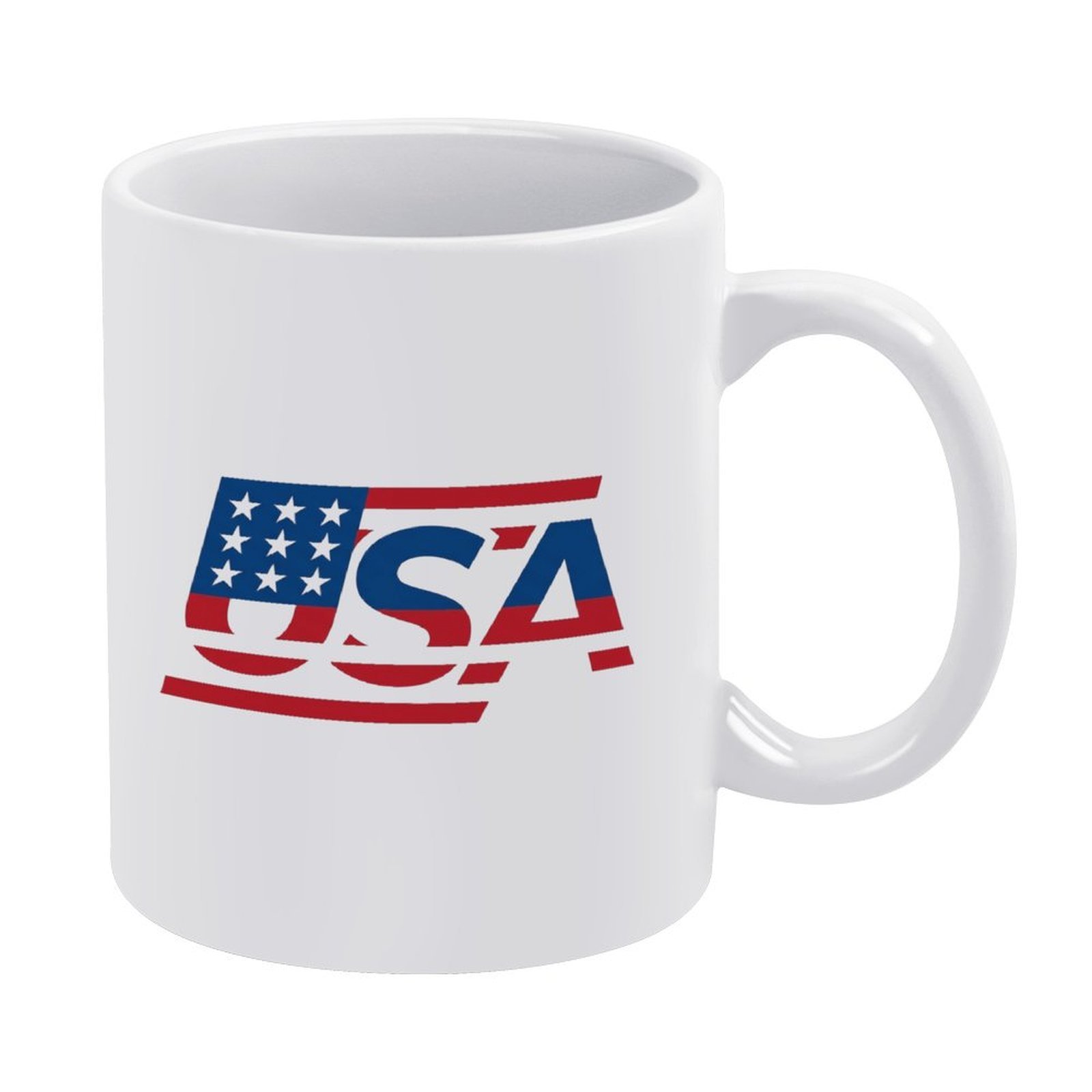 White 11oz ceramic mug with a modern "USA" graphic print styled with the American flag, featuring stars in the "U" and stripes in the "S" and "A".