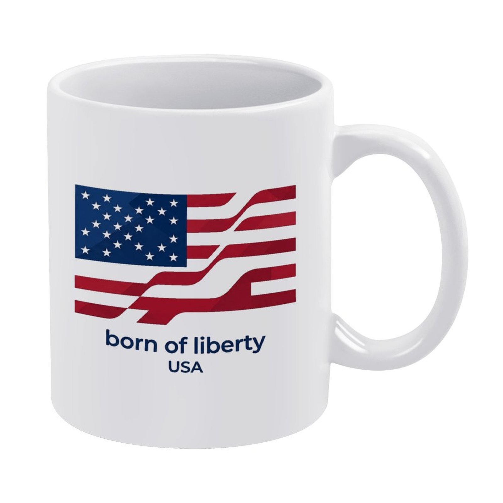White 11oz ceramic mug with a stylized geometric American flag print and the text "born of liberty USA".