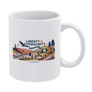 White 11oz ceramic coffee mug with modern illustration Liberty & Community bald eagle liberty bell national landmark scenic print, USA 250th 1776-2026 patriotic community themed drink cup