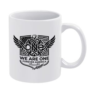 White 11oz glossy ceramic coffee mug with vintage tribal wing eagle graphic, slogan "WE ARE ONE FOREVER AMERICA SINCE 1776", 250th US Independence patriotic print