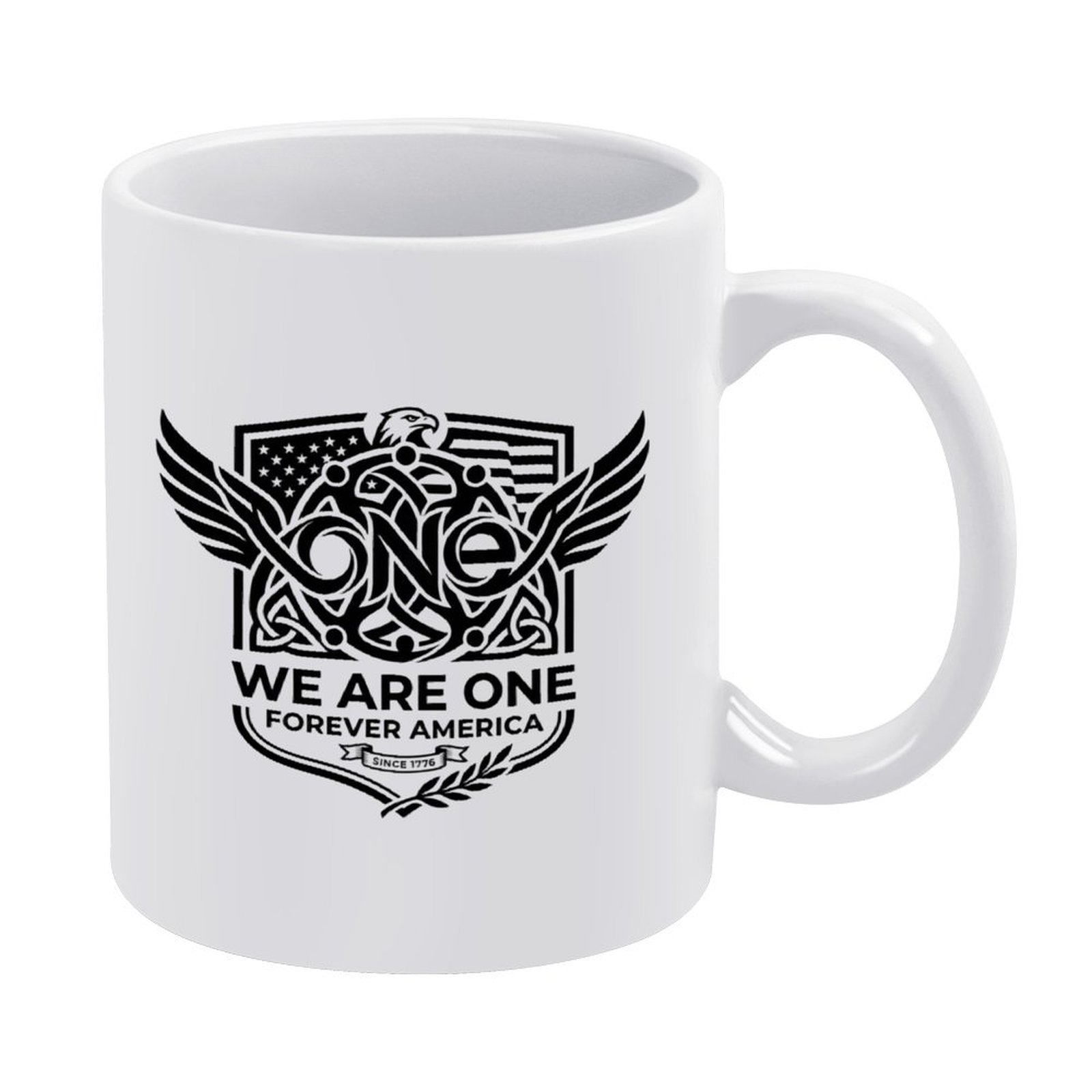 White 11oz glossy ceramic coffee mug with vintage tribal wing eagle graphic, slogan "WE ARE ONE FOREVER AMERICA SINCE 1776", 250th US Independence patriotic print