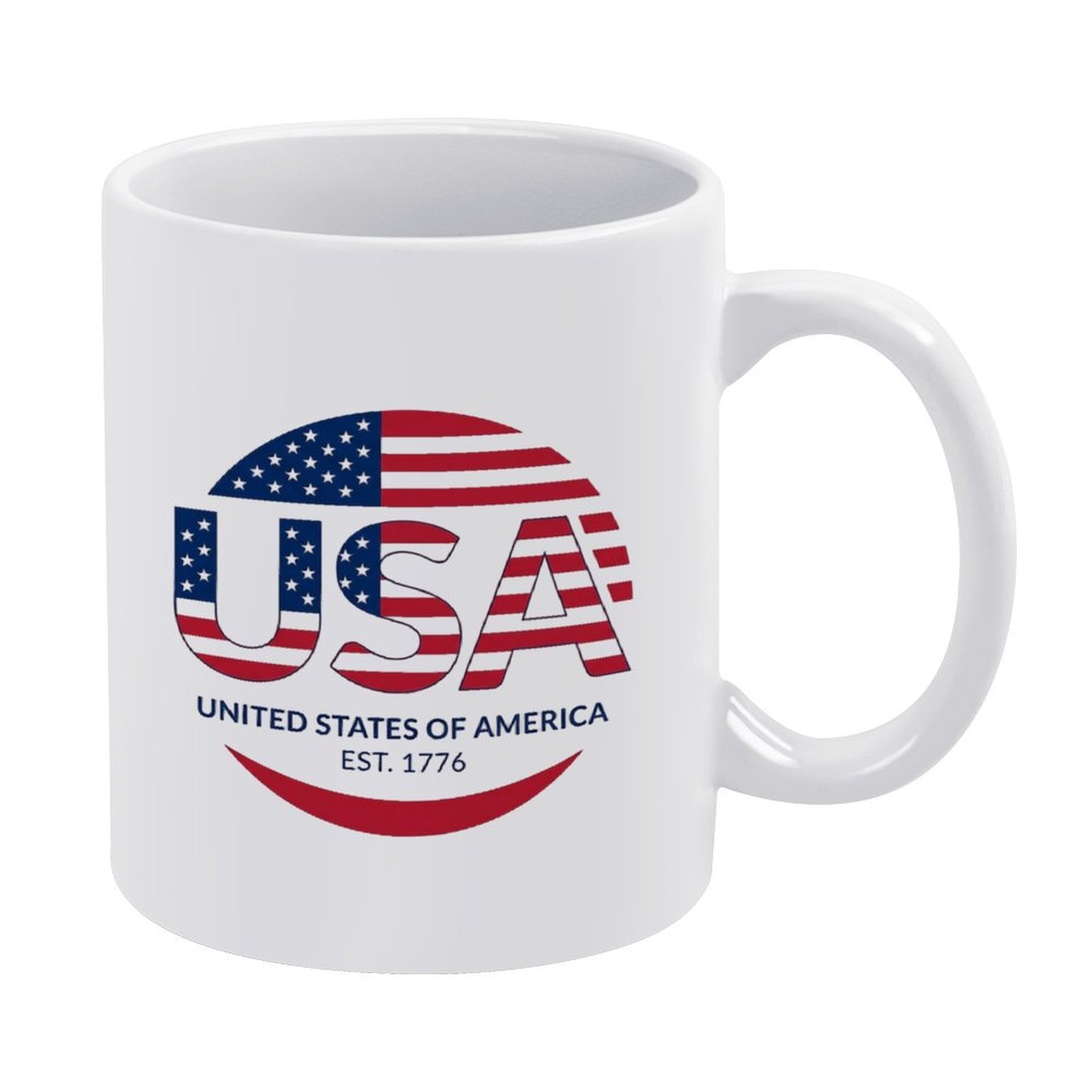 White 11oz glossy ceramic coffee mug with circular USA flag letter print, text "UNITED STATES OF AMERICA EST. 1776", patriotic 250th independence decor cup