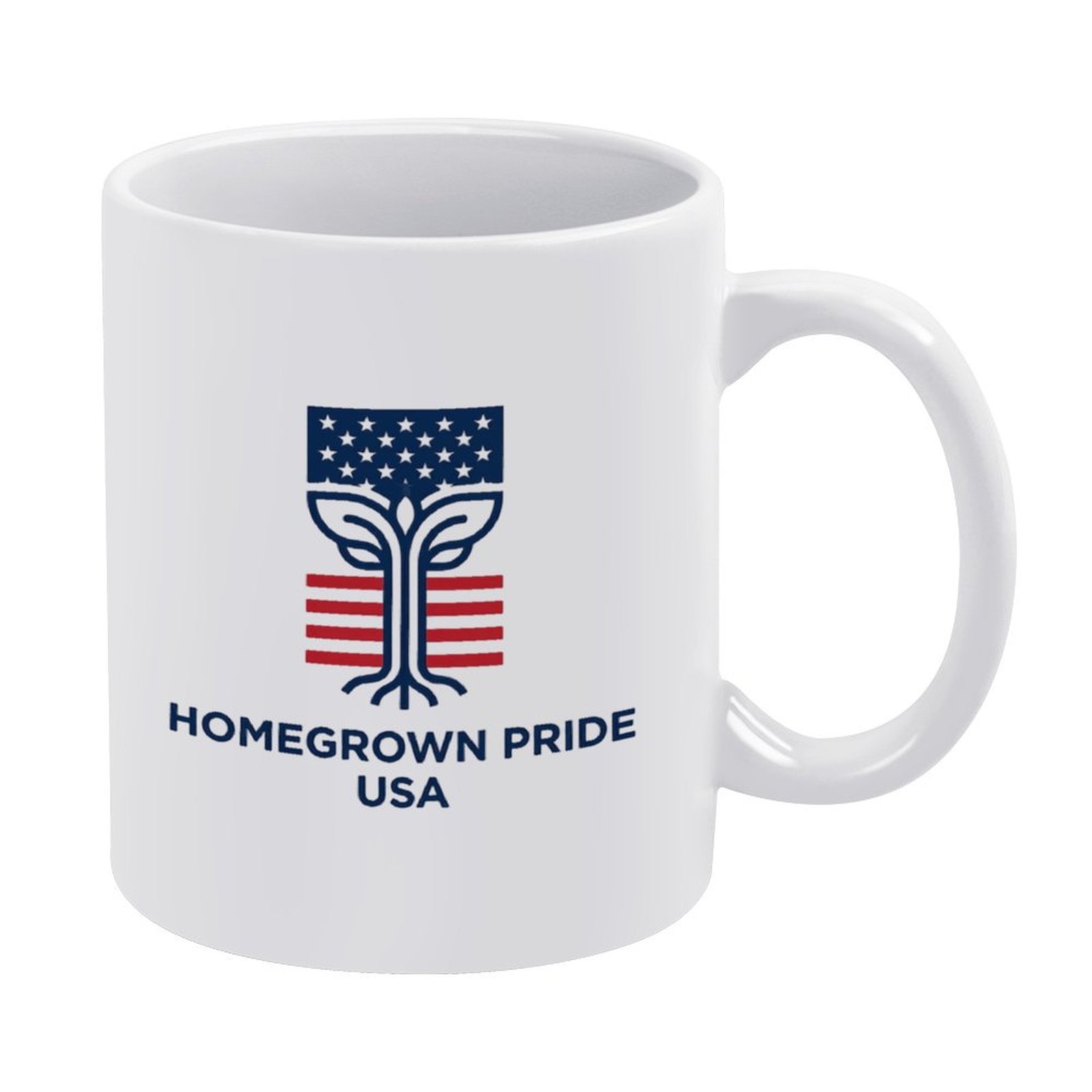 White 11oz glossy ceramic coffee mug with creative tree-root American flag graphic, printed slogan "HOMEGROWN PRIDE USA", patriotic 250th US independence decorative cup