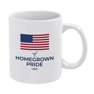 White 11oz glossy ceramic coffee mug with classic US flag print, tiny seedling icon and "HOMEGROWN PRIDE USA" text, patriotic 250th USA independence drinking cup