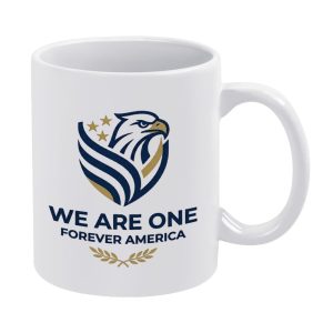 11oz glossy white ceramic mug, minimalist bald eagle shield graphic with stars & stripes, slogan "WE ARE ONE FOREVER AMERICA", USA 250th patriotic daily drinking cup