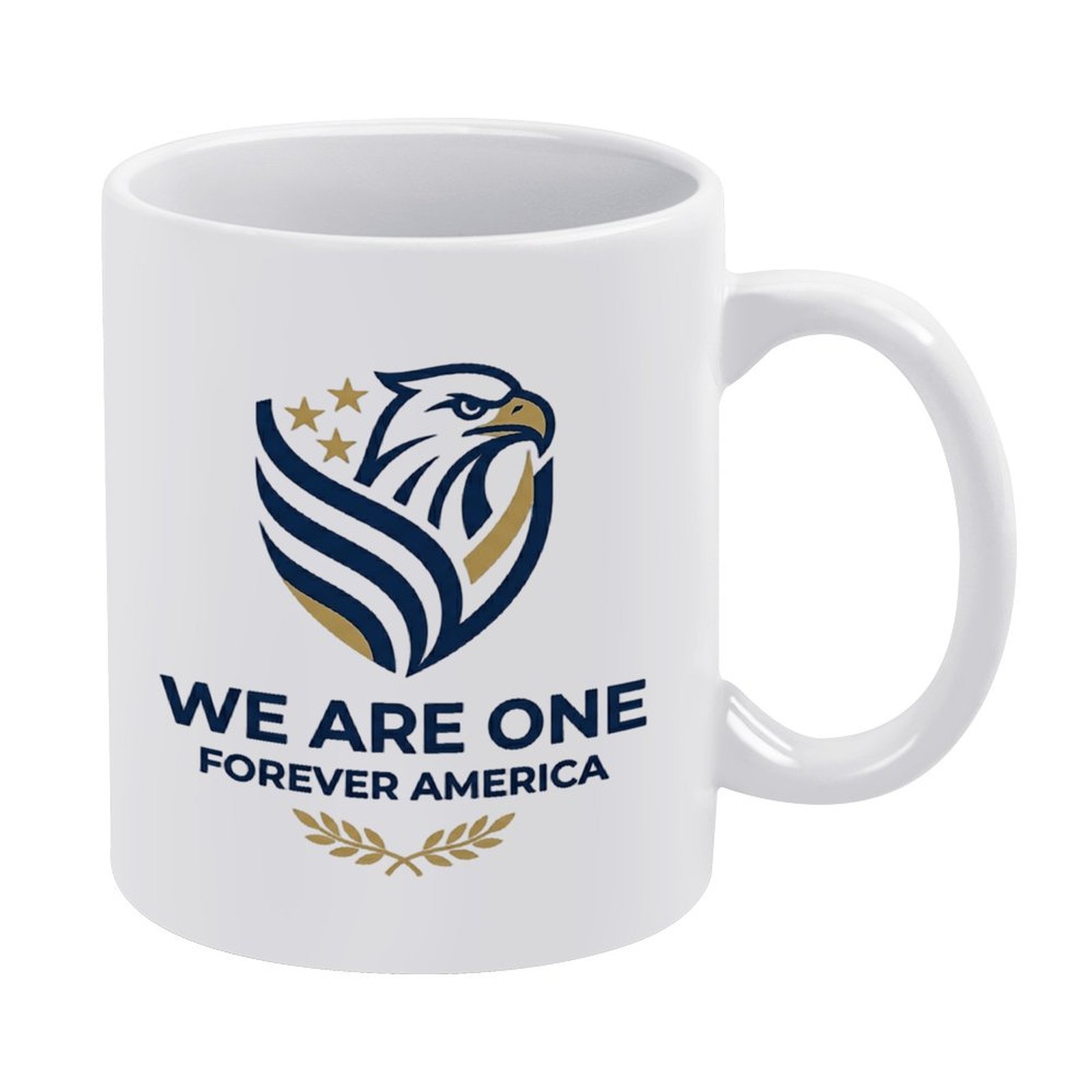 11oz glossy white ceramic mug, minimalist bald eagle shield graphic with stars & stripes, slogan "WE ARE ONE FOREVER AMERICA", USA 250th patriotic daily drinking cup