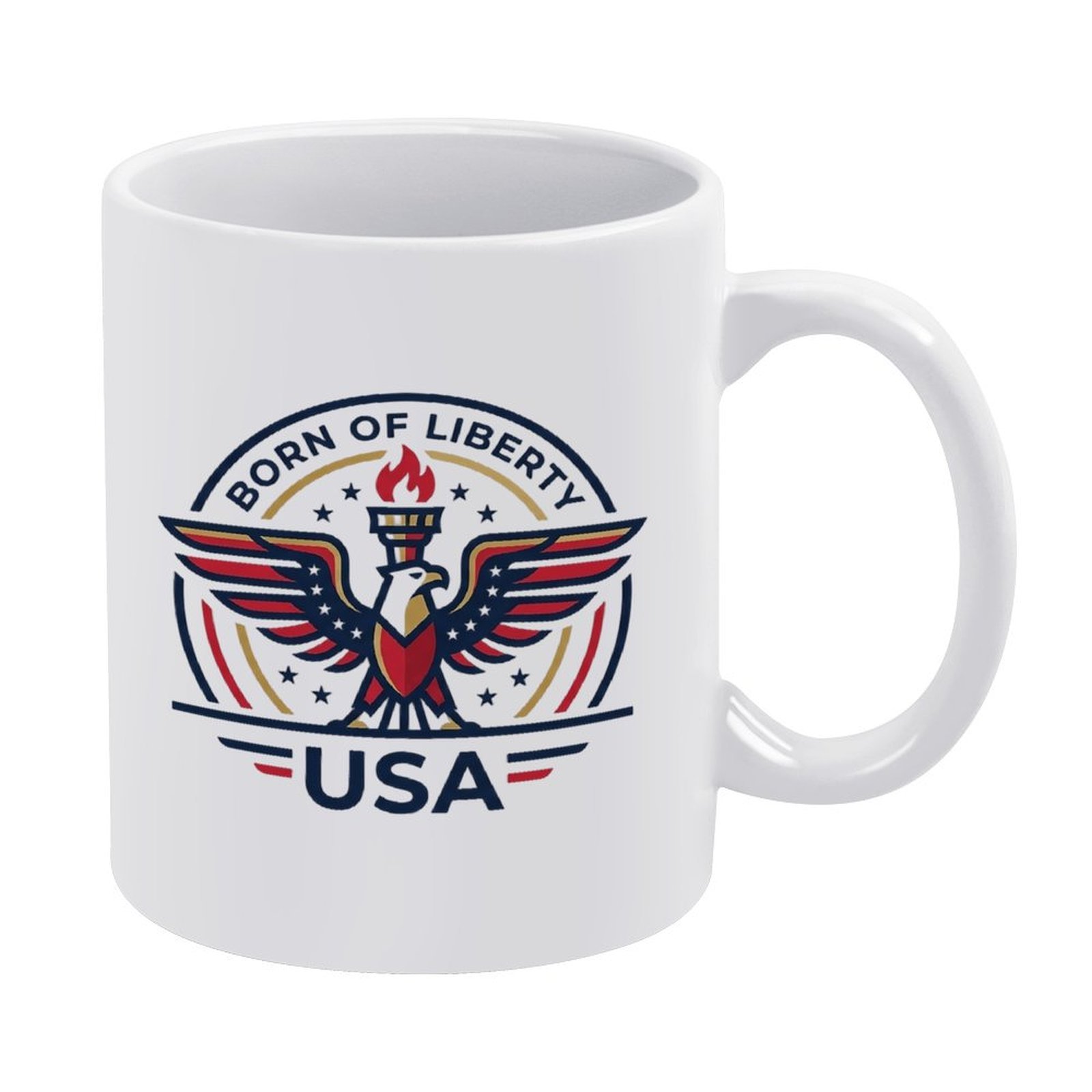 11oz glossy white ceramic coffee mug, circular vintage emblem print featuring bald eagle, liberty torch, stars & stripes, slogan "BORN OF LIBERTY USA", patriotic 250th US independence daily tea cup