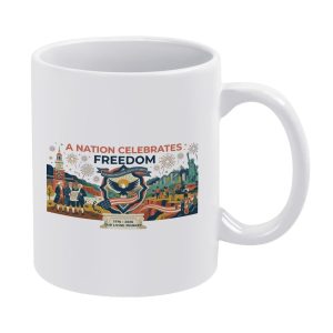 White 11oz ceramic coffee mug with colorful illustration A Nation Celebrates Freedom founding father bald eagle landmark fireworks scenic print, USA 250th 1776-2026 patriotic historical drink cup