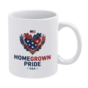 11oz glossy white ceramic coffee mug, heart-shaped US flag graphic decorated with oak leaves, wheat stalks and mini American flag, slogan "HOME GROWN PRIDE USA", patriotic 250 years of independence daily tea cup