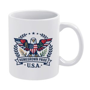 11oz glossy white ceramic coffee mug, full-color bald eagle emblem with US flag chest, heart wings, wheat & green foliage, laurel wreath, banner text "HOME GROWN PRIDE U.S.A.", USA 250th patriotic daily tea cup