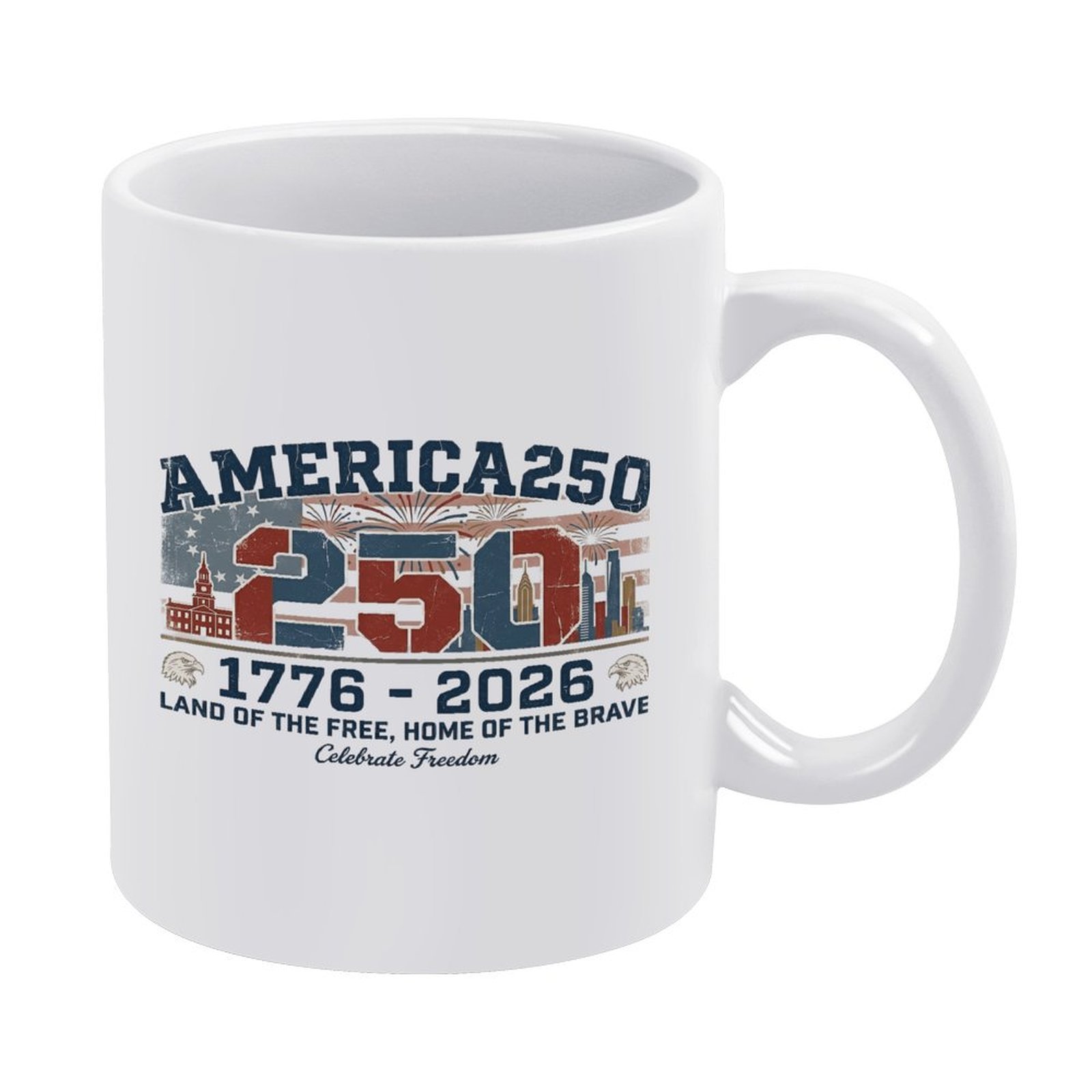 White ceramic coffee mug with vintage America 250 1776-2026 US flag city skyline eagle print, USA 250th Anniversary patriotic drinkware