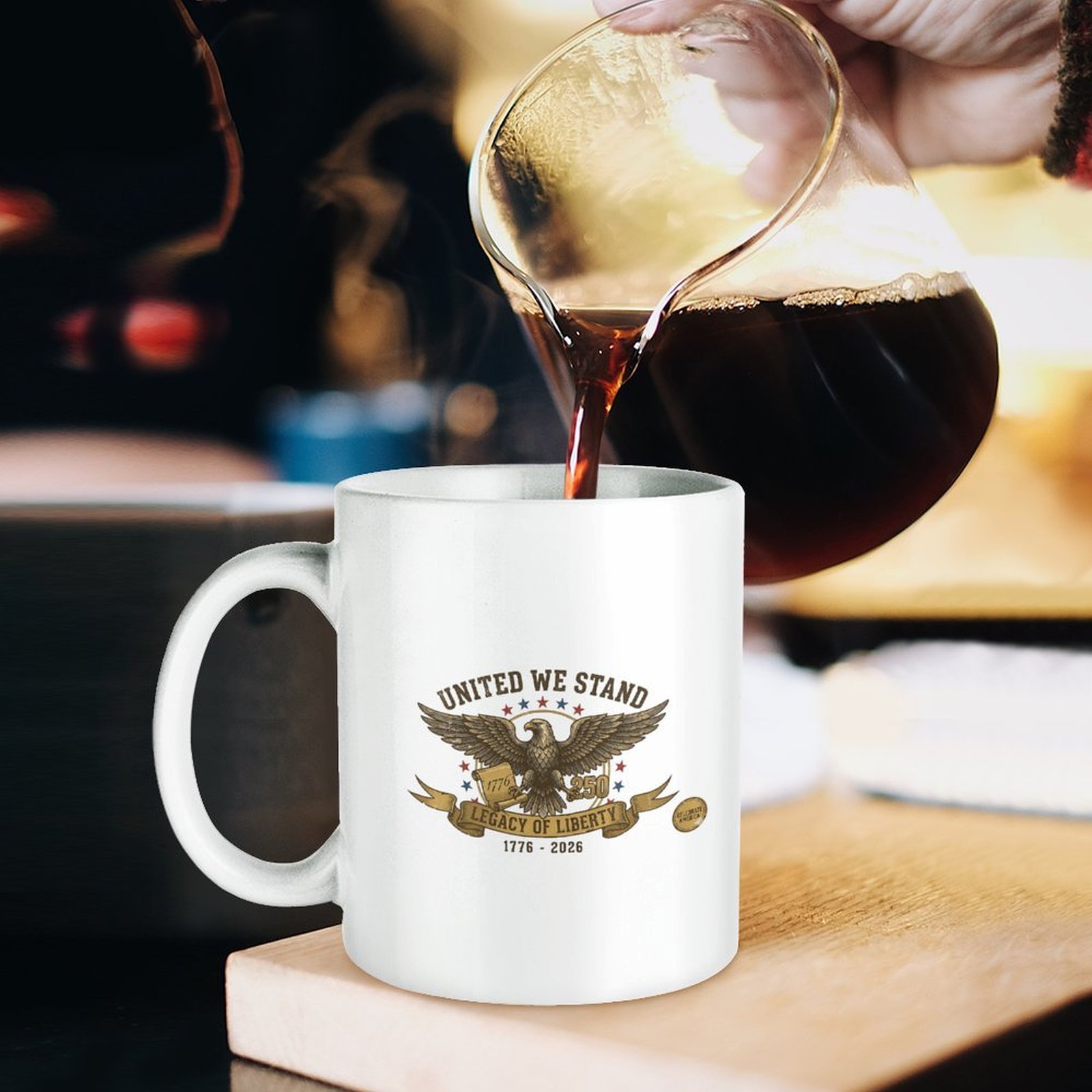 Fresh coffee pouring into white USA 250th vintage eagle banner printed ceramic mug, daily patriotic home coffee mug